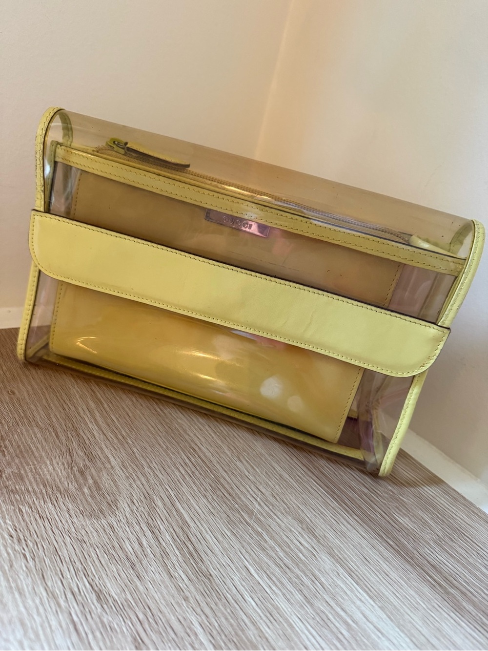 Vintage Gucci Clear PVC Clutch with Yellow Leather Trim and Pouch